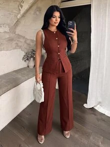 Vavine Khaki Bohemian Style Sleeveless Patchwork Woven Strap Shell Button Vest And Long Pants - Burgundy - View 6