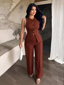 Vavine Khaki Bohemian Style Sleeveless Patchwork Woven Strap Shell Button Vest And Long Pants - Burgundy - View 4