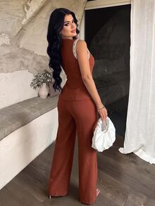 Vavine Khaki Bohemian Style Sleeveless Patchwork Woven Strap Shell Button Vest And Long Pants - Burgundy - View 2