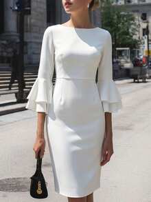 SHEIN Women's All White Boat-Neck Ruffle-Sleeve Bodycon Midi Dress - Elegant Formal Dress For Autumn, We Wedding Office Party - Beige - View 1