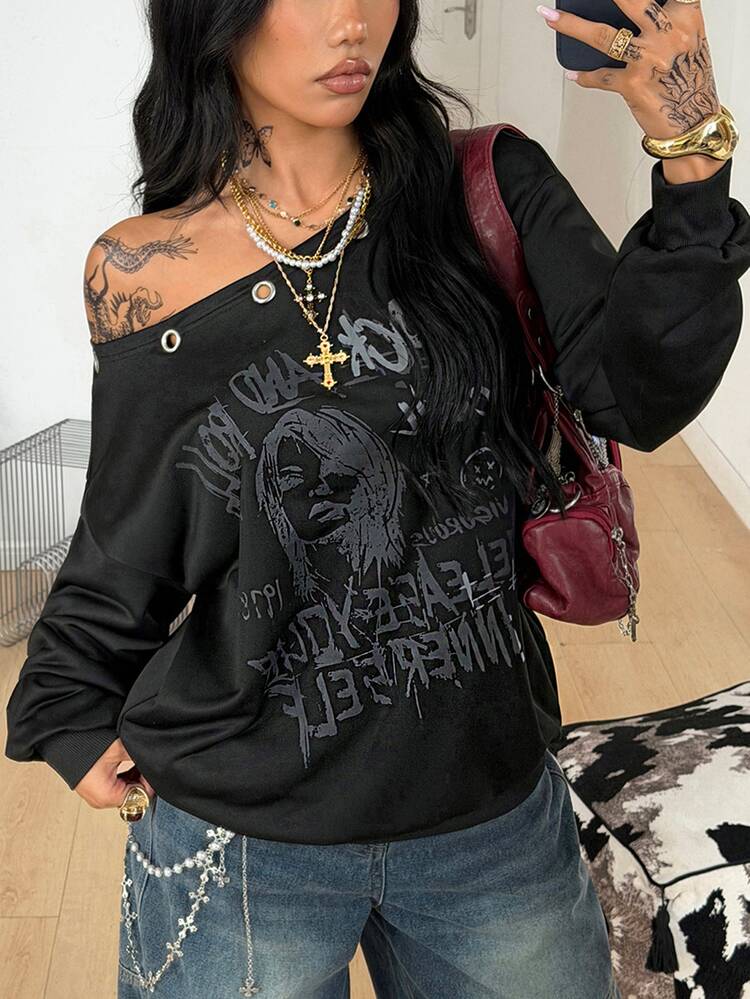 Coolane Women's Asymmetric Collar Sweatshirt With Character & Letter Print - Black - View 3