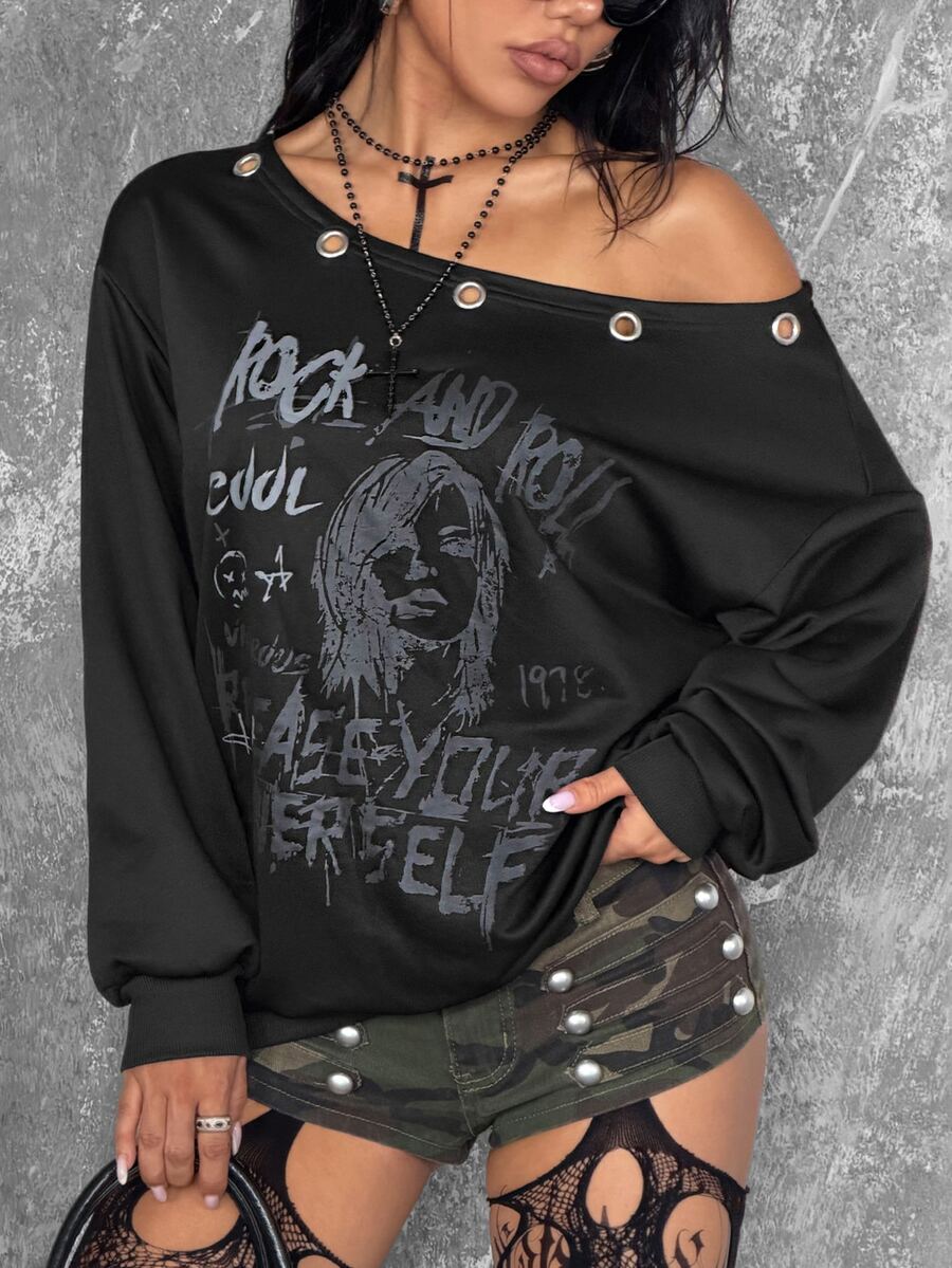 Coolane Women's Asymmetric Collar Sweatshirt With Character & Letter Print - Black - View 1
