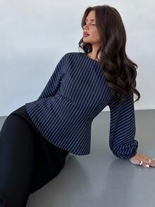 Firerie 女款新款極簡優雅浪漫休閒都市通勤條紋時尚百搭海軍藍圓領蝙蝠袖長袖收腰抓皺X型修身襯衫，適合教師，秋季穿著 - 藏蓝色 - 查看 5