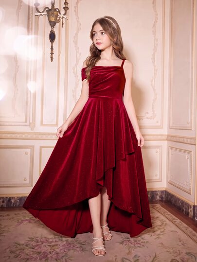 SHEIN Tween Girls Christmas Holiday Party Cold Shoulder Glitter Velvet Asymmetrical Hem Partydress