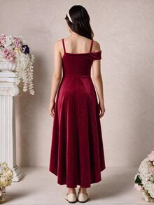 SHEIN Tween Girls Christmas Holiday Party Cold Shoulder Glitter Velvet Asymmetrical Hem Partydress - Burgundy - View 2
