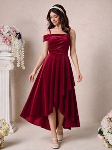 SHEIN Tween Girls Christmas Holiday Party Cold Shoulder Glitter Velvet Asymmetrical Hem Partydress - Burgundy - View 3