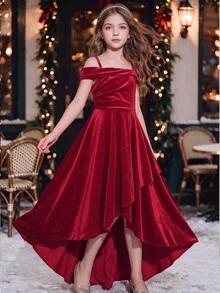 SHEIN Tween Girls Christmas Holiday Party Cold Shoulder Glitter Velvet Asymmetrical Hem Partydress - Burgundy - View 8
