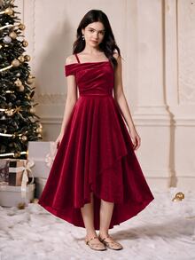 SHEIN Tween Girls Christmas Holiday Party Cold Shoulder Glitter Velvet Asymmetrical Hem Partydress - Burgundy - View 4