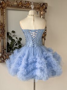 Lovelzi Elegant Luxurious Light Blue Sequin Embroidered Patchwork Mesh Strapless Multi-Layered Tiered A-Line Short Evening Party Dress Women New Year Fall - Baby Blue - View 4