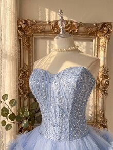 Lovelzi Elegant Luxurious Light Blue Sequin Embroidered Patchwork Mesh Strapless Multi-Layered Tiered A-Line Short Evening Party Dress Women New Year Fall - Baby Blue - View 3