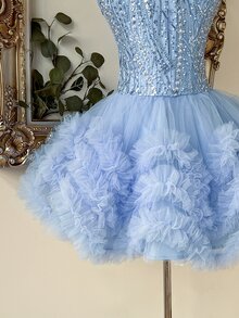 Lovelzi Elegant Luxurious Light Blue Sequin Embroidered Patchwork Mesh Strapless Multi-Layered Tiered A-Line Short Evening Party Dress Women New Year Fall - Baby Blue - View 5
