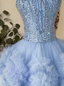 Lovelzi Elegant Luxurious Light Blue Sequin Embroidered Patchwork Mesh Strapless Multi-Layered Tiered A-Line Short Evening Party Dress Women New Year Fall - Baby Blue - View 8