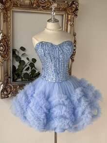 Lovelzi Elegant Luxurious Light Blue Sequin Embroidered Patchwork Mesh Strapless Multi-Layered Tiered A-Line Short Evening Party Dress Women New Year Fall - Baby Blue - View 7