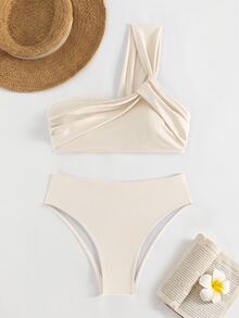 Costavie Women's Summer Beach Solid Color One-Shoulder Bikini Top And Triangle Bottom Two-Piece Swimwear Set - Beige - View 4