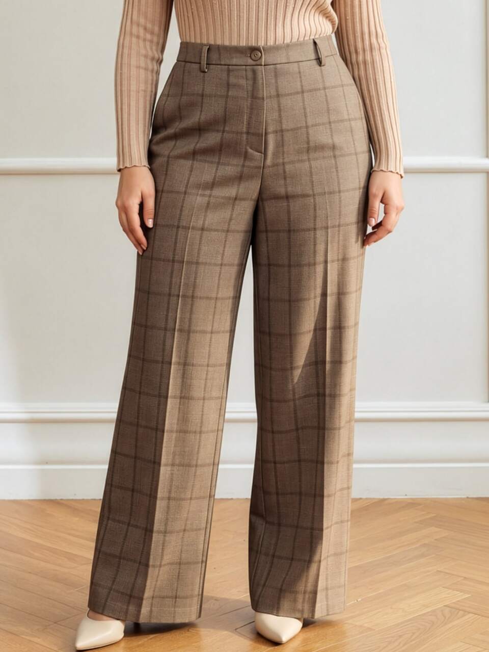 Anewsta Autumn/Winter New Urban Modern Retro Plaid Casual Versatile High Waist Draped Plus Size Women's Long Blazer Pants
