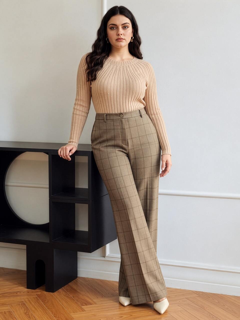 Anewsta Autumn/Winter New Urban Modern Retro Plaid Casual Versatile High Waist Draped Plus Size Women's Long Blazer Pants