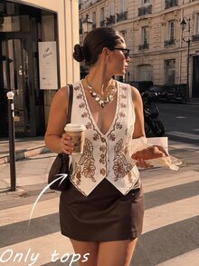 SHEIN MOD Plus Size Vintage Apricot Background With Brown Floral Embroidery Floral Print Blazer Vest Concert Going Out Festival Frenchy Country Summer/Fall - Apricot - View 6