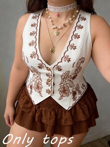SHEIN MOD Plus Size Vintage Apricot Background With Brown Floral Embroidery Floral Print Blazer Vest Concert Going Out Festival Frenchy Country Summer/Fall - Apricot - View 1