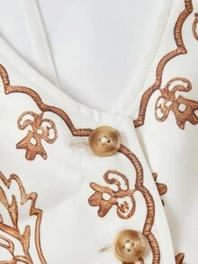 SHEIN MOD Plus Size Vintage Apricot Background With Brown Floral Embroidery Floral Print Blazer Vest Concert Going Out Festival Frenchy Country Summer/Fall - Apricot - View 5