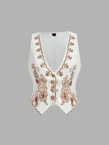 SHEIN MOD Plus Size Vintage Apricot Background With Brown Floral Embroidery Floral Print Blazer Vest Concert Going Out Festival Frenchy Country Summer/Fall - Apricot - View 2