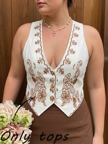 SHEIN MOD Plus Size Vintage Apricot Background With Brown Floral Embroidery Floral Print Blazer Vest Concert Going Out Festival Frenchy Country Summer/Fall - Apricot - View 8