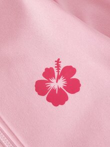 SHEIN (Tween Girl) 可愛甜美度假休閒百搭花朵蝴蝶結印花雙層連帽拉鍊前口袋寬鬆外套，秋冬款 - 粉色 - 查看 6