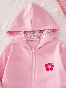 SHEIN (Tween Girl) 可愛甜美度假休閒百搭花朵蝴蝶結印花雙層連帽拉鍊前口袋寬鬆外套，秋冬款 - 粉色 - 查看 1