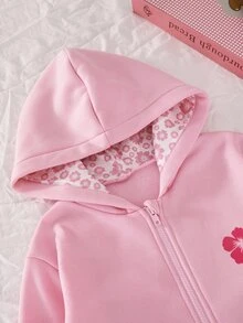SHEIN (Tween Girl) 可愛甜美度假休閒百搭花朵蝴蝶結印花雙層連帽拉鍊前口袋寬鬆外套，秋冬款 - 粉色 - 查看 5