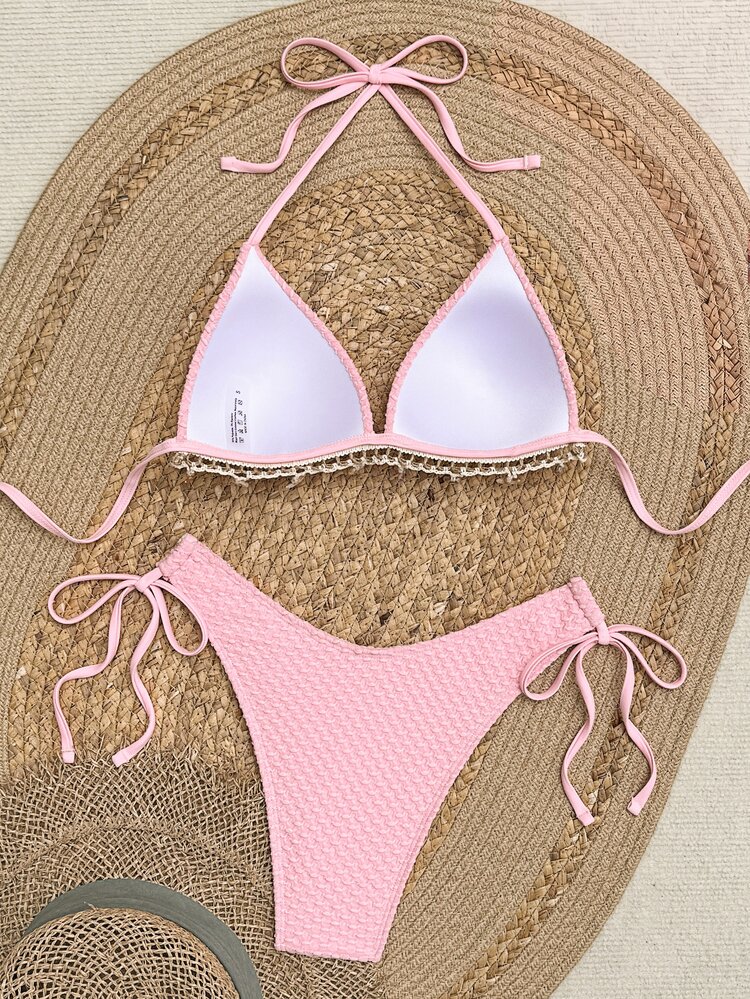 Swim Vcay Sparkly Pink Summer Sensual Beach Holiday Women's Solid Textured Shell Strap Halter Bikini Top & Tie-Side Triangle Bottoms Boho Crochet Swimwear Set - Pink - View 2