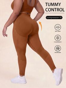 SHEIN Sports 大尺碼女款純色高腰日常健身運動緊身褲 - 棕色 - 查看 2