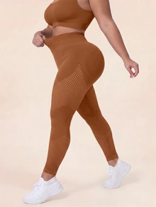 SHEIN Sports 大尺碼女款純色高腰日常健身運動緊身褲 - 棕色 - 查看 5