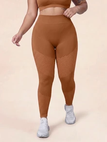 SHEIN Sports 大尺碼女款純色高腰日常健身運動緊身褲 - 棕色 - 查看 3