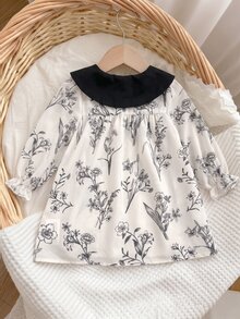 SHEIN Baby Girl Woven Floral Contrast Color Peter Pan Collar Casual Autumn Dress With Thermal Lining And Brushed Back, Suitable For Winter - Black and White - View 2