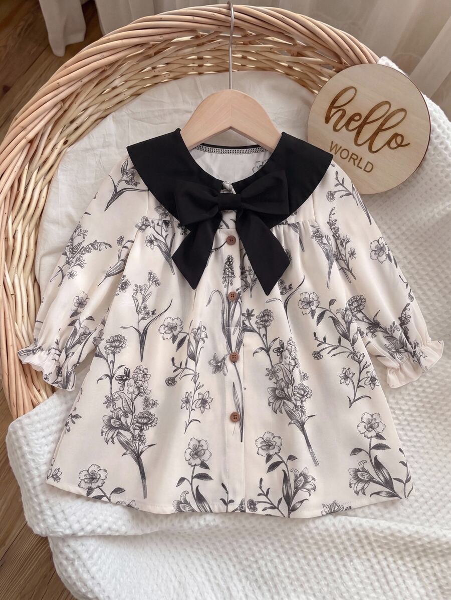 SHEIN Baby Girl Woven Floral Contrast Color Peter Pan Collar Casual Autumn Dress With Thermal Lining And Brushed Back, Suitable For Winter - Black and White - View 1