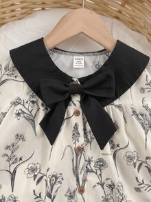 SHEIN Baby Girl Woven Floral Contrast Color Peter Pan Collar Casual Autumn Dress With Thermal Lining And Brushed Back, Suitable For Winter - Black and White - View 4