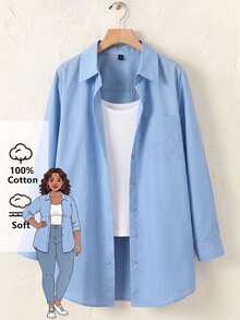 SHEIN BASICS Plus Size Autumn Casual Versatile Solid Color Shirt Fall - Blue - View 1
