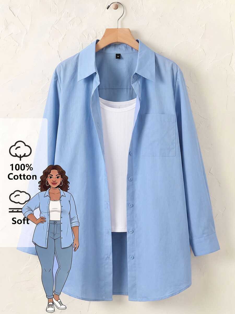 SHEIN BASICS Plus Size Autumn Casual Versatile Solid Color Shirt Fall - Blue - View 1