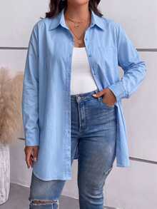 SHEIN BASICS Plus Size Autumn Casual Versatile Solid Color Shirt Fall - Blue - View 3
