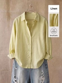 SHEIN BASICS 女款極簡純色單排扣長袖襯衫 - 芥末黃 - 查看 1