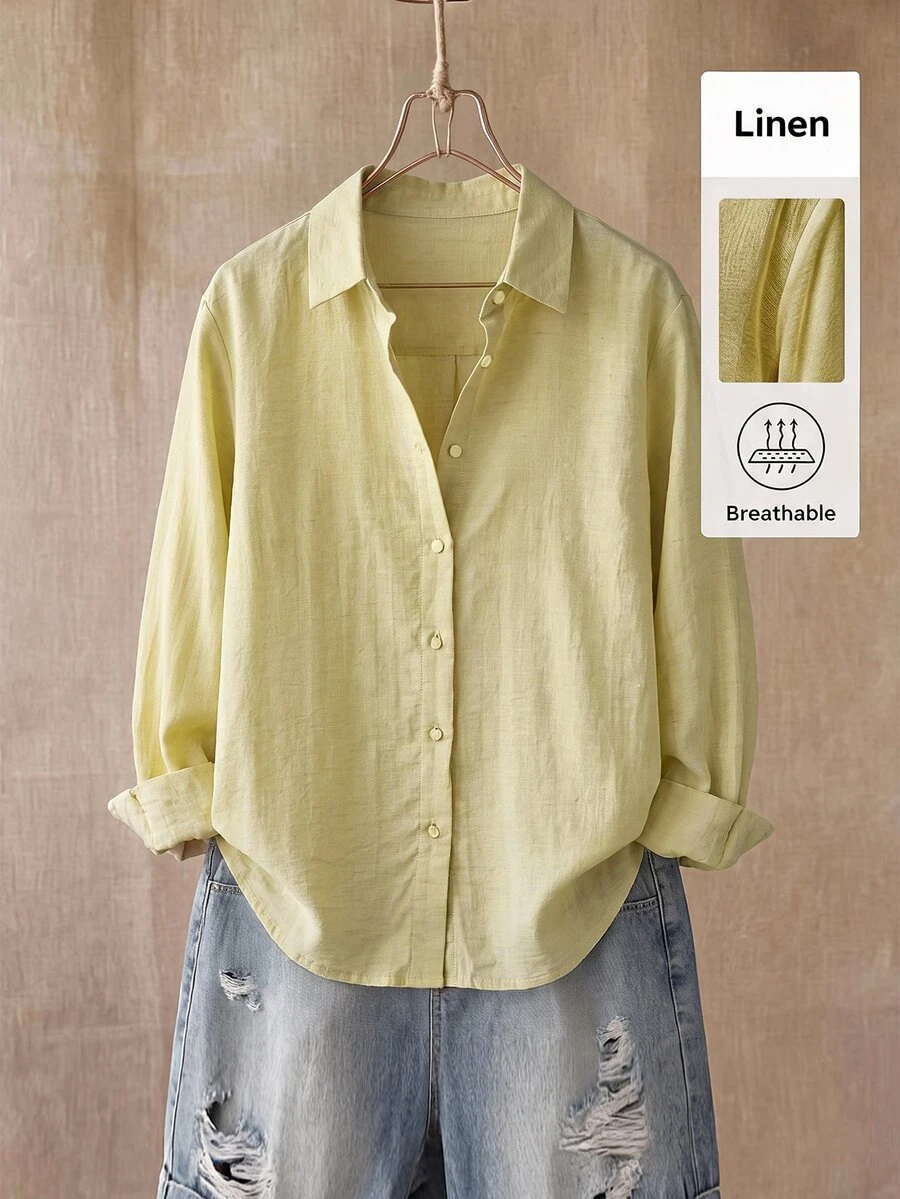 SHEIN BASICS 女款極簡純色單排扣長袖襯衫 - 芥末黃 - 查看 1