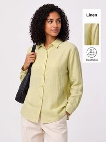 SHEIN BASICS 女款極簡純色單排扣長袖襯衫 - 芥末黃 - 查看 3