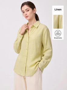 SHEIN BASICS 女款極簡純色單排扣長袖襯衫 - 芥末黃 - 查看 5