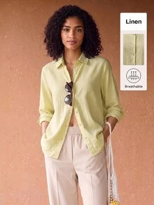 SHEIN BASICS 女款極簡純色單排扣長袖襯衫 - 芥末黃 - 查看 7