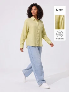 SHEIN BASICS 女款極簡純色單排扣長袖襯衫 - 芥末黃 - 查看 4