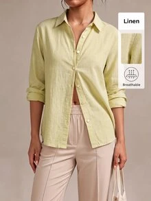 SHEIN BASICS 女款極簡純色單排扣長袖襯衫 - 芥末黃 - 查看 6