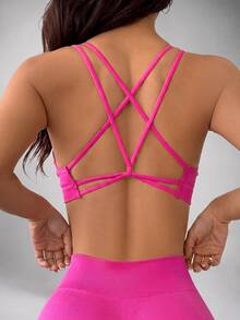 Slayform Slayform Women's Solid Color Seamless Criss-Cross Back Sports Bra - Hot Pink - View 9