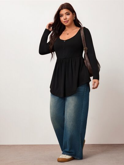 Enliva Top casual da donna taglie forti, elasticizzato, a maniche lunghe, aderente, nero, stile babydoll semplice, top basic autunnale
