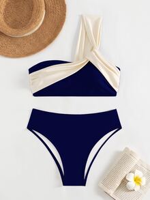 SHEIN Swim 女款夏季海灘拼接色單肩性感時尚比基尼兩件式泳衣套裝 - 藏蓝色 - 查看 4
