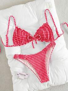 Swim Mod Textured Fabric Ruched Front Tie Bow Waist Pleated Cute Sweet Fashion Lively Party 2-Piece Bikini Set Set - Red - View 2