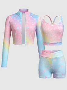 Kids Tween Girl Rainbow Printed Long Sleeve Mock Neck Zip-Up T-Shirt Camisole & Bike Shorts 3Pcs Set - Multicolor - View 2